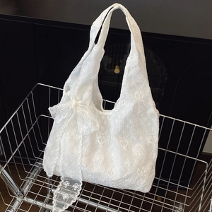 Women Lace Shoulder Bag Floral Embroidery Tulle Tote Large Capacity Retro French Style Ethereal Handbag With Big Bow