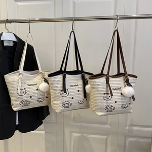 Lot de grands sacs cabas tissés avec broderie chat et breloques en peluche en trois couleurs
