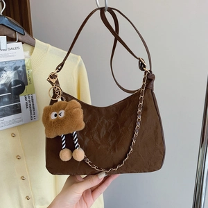 Women Pleated PU Leather Hobo Shoulder Bag With Metal Chain And Cute Plush Charm Stylish Casual Underarm Handbag