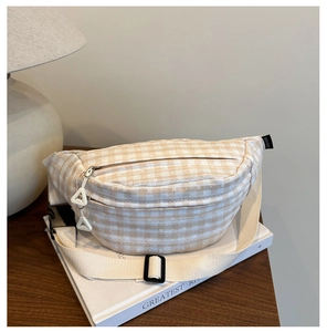 Detail of checkered canvas waist bag with adjustable strap and black buckle on books