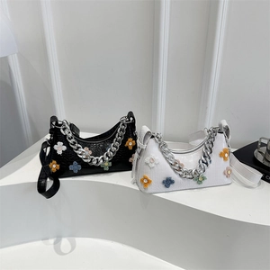 Floral hobo bags with crocodile texture and silver chain in black and white styles