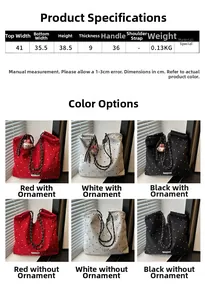 Size guide for polka dot tote bags showing dimensions, weight, and strap length details