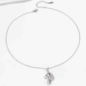 Polished silver stainless steel necklace with sparkling teardrop leaf zircon pendant
