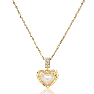 Women Heart Pendant Necklace Stainless Steel With Heart Shaped Imitation Artificial Pearl And Zirconia Elegant Fashion Jewelry