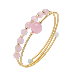 Multi Layer Wire Wrapped Bracelet Bangle For Women Pink Crystal Cat Eye Stone Copper Gold Plated Elastic Spiral Jewelry