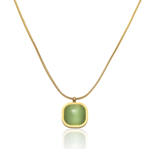 Stainless Steel Square Pendant Necklace Green Cat Eye Stone Gold Snake Chain Minimalist Elegant Clavicle Jewelry Women