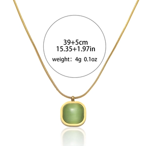 Minimalist titanium steel gold necklace with green square stone pendant 39+5cm chain