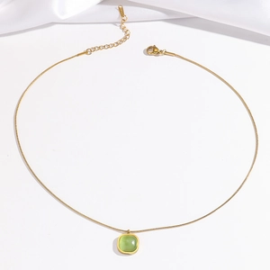 Minimalist gold titanium steel snake chain necklace with a square green gemstone pendant