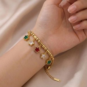 Bracelet En Acier Inoxydable De Mode Avec Pendentifs Étoile En Zircon Coloré Bijoux Plaqué Or Pour Femmes