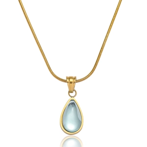 Water Drop Pendant Necklace Stainless Steel Light Blue Gemstone Gold Plated Snake Chain Minimalist Elegant Women Jewelry