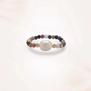Handmade beaded ring with large freshwater pearl and colorful natural stones