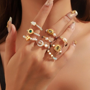 Chic gold-plated ring set with natural freshwater pearls and colorful tourmaline stones