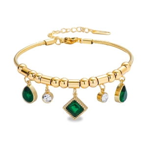 Stainless Steel Bracelet Emerald Green Zirconia Teardrop Square Charms Adjustable Snake Chain Fashion For Women