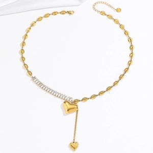 Asymmetric stainless steel marina chain necklace with gold heart pendant and zircon tassels