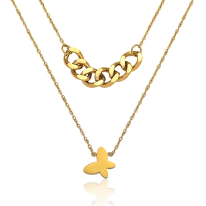 Collier Double Couche Pendentif Papillon Acier Inoxydable Chaîne Gourmette Bijoux Mode Pour Femmes Ton Or Élégant