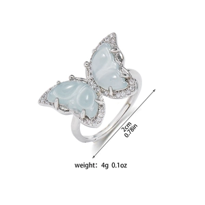 Vintage light green butterfly open ring in silver metal with zircon accents for women