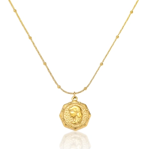 Collana Con Pendente Moneta Esagonale Vintage Donna Acciaio Inossidabile Placcato Oro Ritratto Di Dea In Rilievo Catena Perle