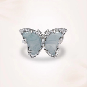 Vintage silver butterfly open ring with light green stones and zircon accents