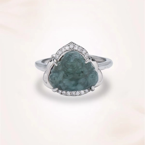 Laughing Buddha jade ring with shimmering zircon accents on adjustable silver band