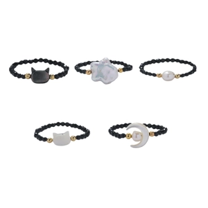 5pcs beaded ring set with black spinel, freshwater pearl, moon and cat charms