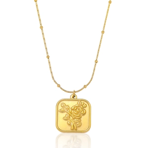 Vintage Rose Embossed Square Pendant Necklace For Women Stainless Steel Satellite Bead Chain Elegant Jewelry Gift