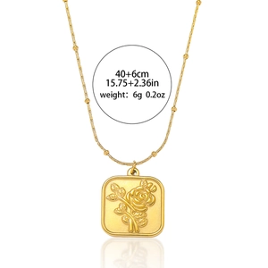 Golden square embossed rose flower pendant necklace with beaded chain, 40+6cm length