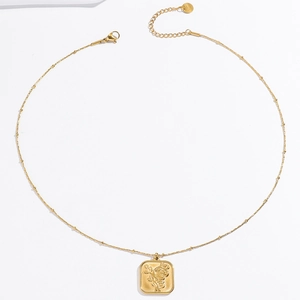 Golden stainless steel bead chain necklace with embossed square rose flower pendant charm