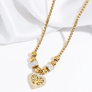 Golden life tree heart pendant necklace with rhinestones on elegant white silk