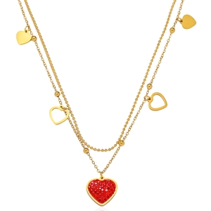 Collana A Doppio Strato In Acciaio Inossidabile Ciondolo Cuore Zircone Rosso Gioielli Eleganti Per Donne