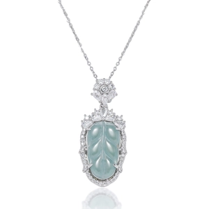 Leaf Pendant Necklace Titanium Steel Emerald Green Faux Jadeite Inlaid Rhinestone For Women Elegant Fashion Jewelry