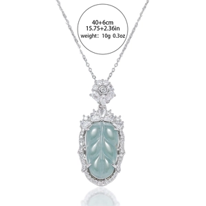 Jade-like leaf pendant necklace with silver chain and crystal inlay, 40+6cm length