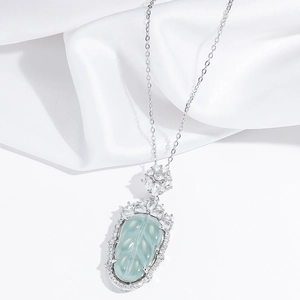 Leaf pendant necklace in emerald blue jade style with silver zircon-set chain