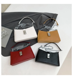 Detailed top view of chain shoulder bags in white, brown, red, and black textured leather