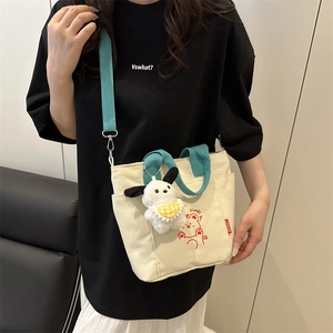 Sac cabas en toile minimaliste avec anses bleues et imprimé ours rouge pour femme