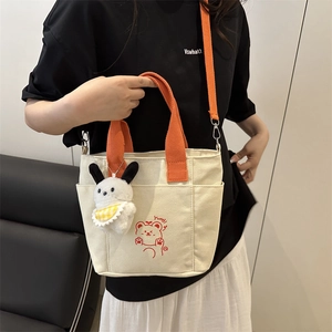 Sac cabas en toile contrastée crème avec poignées orange et motif d'ours mignon