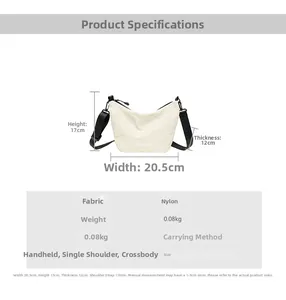 Size chart and dimensions for the nylon dumpling crossbody bag showing strap length