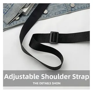 Detail of a durable black nylon adjustable shoulder strap with a square matte buckle