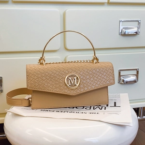 Women Crossbody Bag Fashion PU Leather Woven Texture Golden M Logo Metal Ring Handle Shoulder Handbag Trendy Versatile