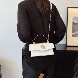 White faux leather crossbody bag with crocodile texture and gold M-logo metal handle