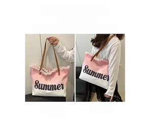 Pink gradient canvas tote with Summer embroidery and fringe edge detail in two styles