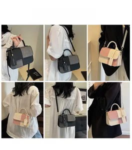Detail showing two-tone flap handbags with detachable straps and various carrying styles