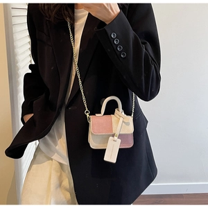 Close-up of pink, beige, and purple patchwork mini bag with fine woven texture and chain