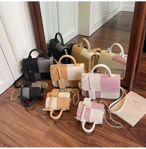 Detailed set of color-block handbags and mini chain bags in black, beige and pink