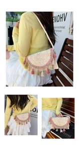 Detail of colorful woven shoulder bag with vibrant fringe tassels and folk patterns