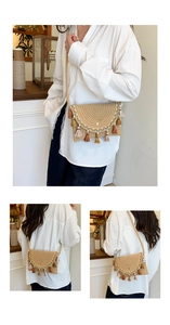 Detailed view of bohemian woven saddle bag with gold embroidery and colorful tassels