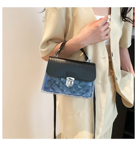 Dettaglio borsa Kelly blu trasparente con trama a rombi e patta nera a righe
