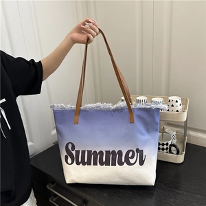Blaue Canvas-Tragetasche mit Farbverlauf, Summer-Stickerei und Fransen für Damen