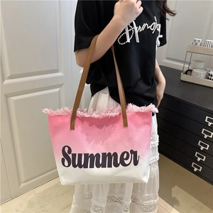 Sac cabas en toile dégradé rose et blanc avec anses en cuir et broderie Summer