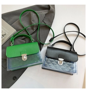 Dettaglio borsa trasparente alla moda con trama verticale e chiusura in metallo
