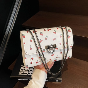 Sweet Cherry Print PU Leather Shoulder Bag For Women Elegant Chain Crossbody Square Bag Metal Lock Flap Daily Fashion Bag